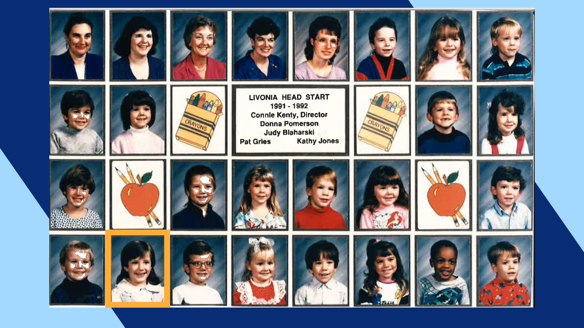 A photo of Christine Messer's Head Start classroom. She's circled in orange in the bottom row, second from the left.